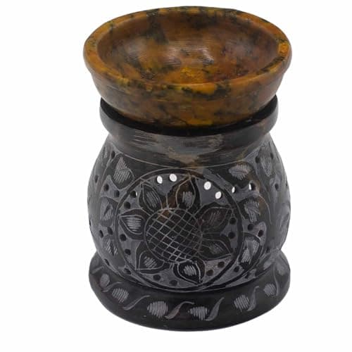 Image of Soapstone Oil Burner 10cm Mandala Flower Black & Yellow Oil Burner