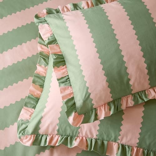 Image of furn. Wylder Birdie Stripe Pillowcase Pair – Reversible Ruffle Edge Cotton Rich Striped Pillow Covers (Pink/Green – 50x75cm)