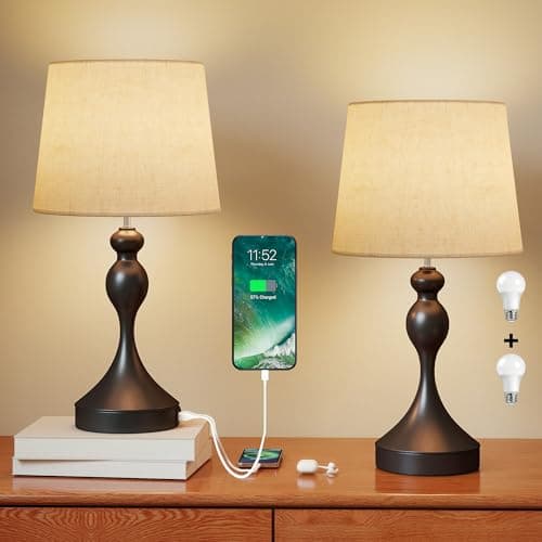 Image of HOMCOM Dimmable Bedside Lamps Set of 2, Modern Table Lamps with 3 Colour Temperatures, USB A+C Charging Ports and Linen Shade for Living Room Bedroom Office, Black