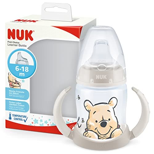 Image of NUK First Choice Learner Cup Sippy Cup | 6-18 Months | Temperature Control | Leak-Proof Silicone Spout | Anti-Colic Vent | BPA-Free | 150ml | Disney Winnie the Pooh (Beige)