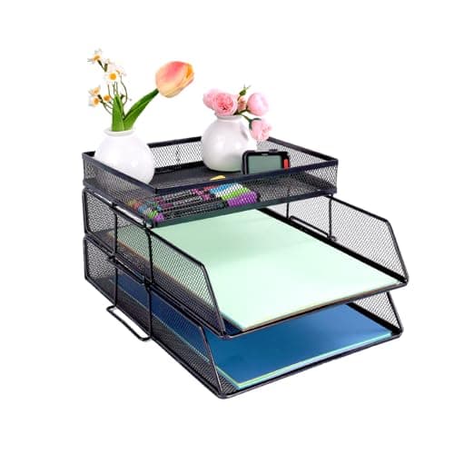 Image of 2 Tier Mesh in Trays，Stackable Office Desk Tidy File Holder with Top Stationery Holder，Paper Document Letter Trays for Office School and Home Black