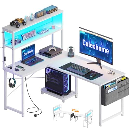 Image of Coleshome L Shaped Gaming Desk with LED Lights & Power Outlet, 110 × 80 cm Reversible Computer Desk with Shelves, Corner Desks with Storage Bag & Hook for Home Office, White