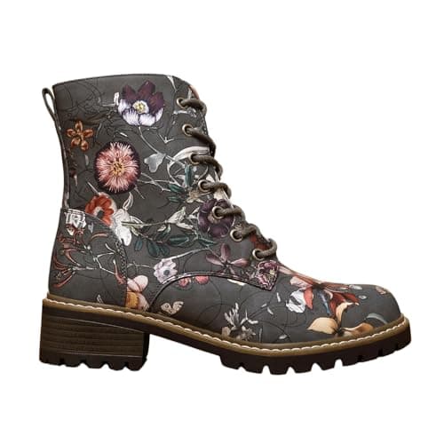 Image of IVACHY Women’s Floral Lace-Up Ankle Boots with Side Zip – Stylish Printed Combat Boots for Casual Everyday Wear- Size 4-7.5
