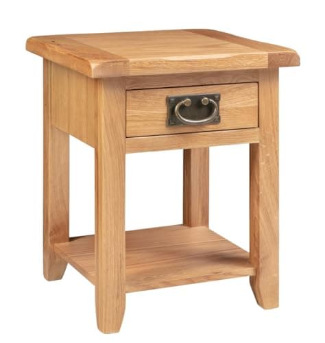 Image of Hallowood Furniture Monchique Small Oak Side Table with Storage, Solid Wooden Lamp/Telephone Table with Drawer and Lower Shelf, Fully Assembled Bedside, Hallway and Living Room Furniture