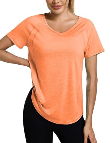 Image of Wayleb Running Top Womens V Neck Short Sleeve Lightweight Quick Dry Tops Breathable Perforated Back for Outdoor Running Sports Orange S-3XL