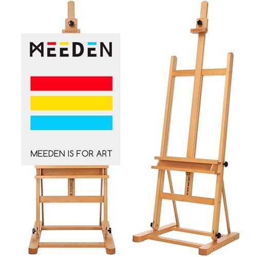 Image of MEEDEN H-Frame Studio Easel, Artist Floor Easel with Large Storage Tray, Solid Beech Wood Adjustable Tilting Art Easel, Professional Display Easel Stand with Sturdy Base,Hold Canvas up to 48", Natural
