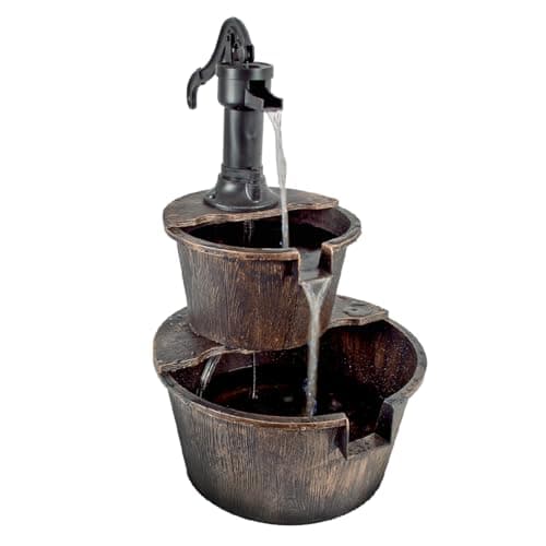 Image of GardenKraft Rustic 2 Tier Garden Water Fountain, Barrel Style Outdoor Water Feature with Built-In Pump, Weatherproof Finish, Mains Powered, 67 x 41 cm