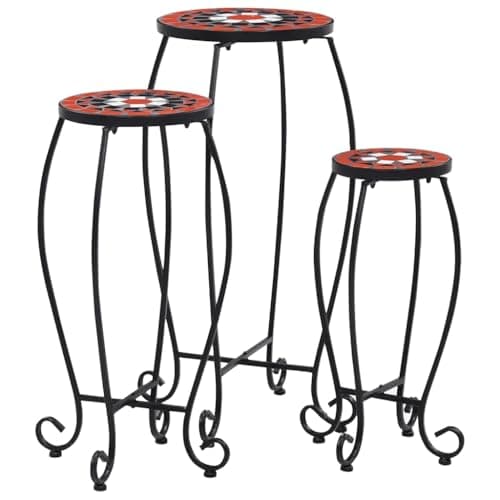 Image of vidaXL Mosaic Tables Set of 3, Versatile Terracotta and White Ceramic Bistro Tables, Coffee Table with Iron Frame for Balcony and Garden