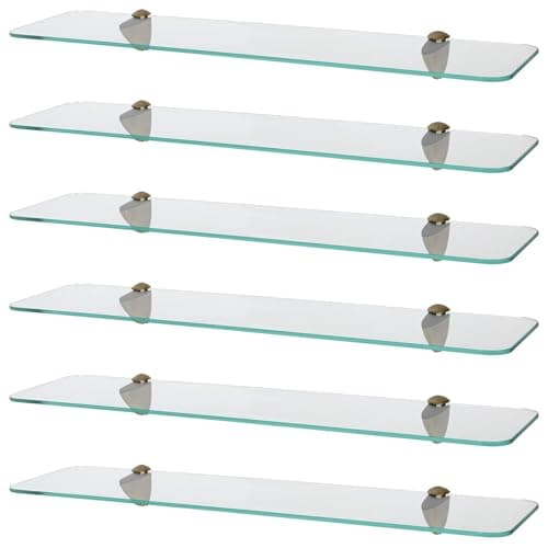 Image of Harbour Housewares Rounded Floating Glass Bathroom Shelves - 60cm - Clear/Gold - 6x Wall-Mounted Kitchen Bedroom Shower Room Décor Caddy Towel Storage Organiser Shelving Rack with Brackets