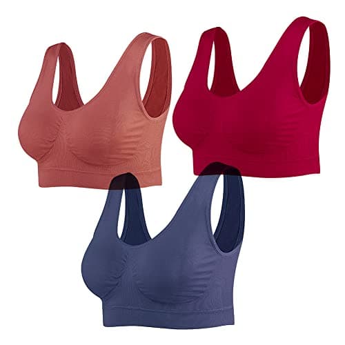 Image of Lemef 3-Pack Seamless Sports Bra Wirefree Yoga Bra with Removable Pads for Women (X-Large, Brown&Navy&Merlot)