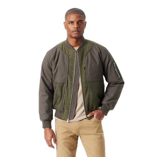 Image of BASS OUTDOOR - Men’s Men's Hero Mix Media Zip Up Front Bomber Jacket with Sleeve Pocket Standard, Beluga, M