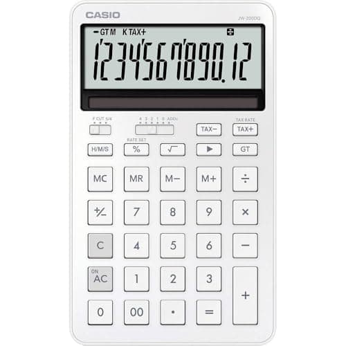 Image of CASIO JW-200DQ medium-sized desktop calculator with aluminum front, white