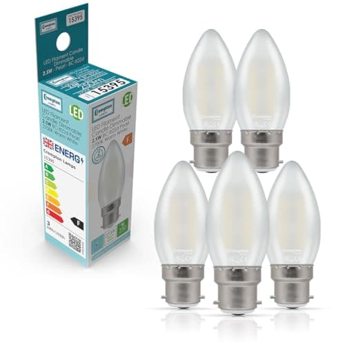 Image of Crompton Lamps Filament Candle LED Light Bulb BC-B22d | 2.5W = 25W Equivalent | Warm White 2700K | Energy Efficient | Bayonet Lightbulb | Long Life 15000-Hrs | Pearl Glass | Dimmable | 5-Pack