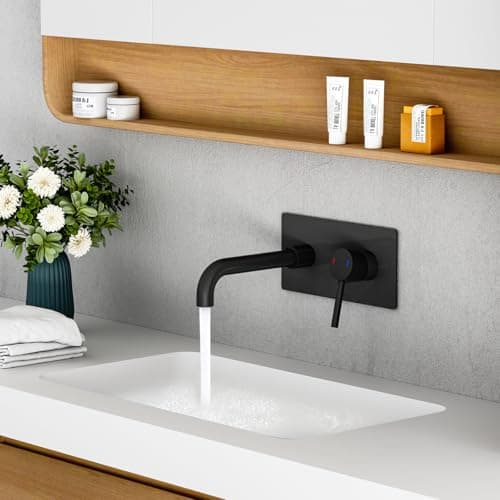 Image of ROVOGO Black Wall Mounted Basin Mixer Tap with Escutcheon & Concealed Stainless Steel Body 304 for Bath or Tub, 2-Hole Bathroom Basin Tap with 360° Rotatable Spout, Single Lever Bathroom Sink Faucet