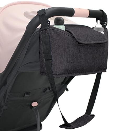 Image of SUQ Pram Organiser with Cup Holder, Can be Carried or Hung, Baby Pushchair Organiser, Large Capacity Stroller Organiser Bag, Stroller Organiser Bag, Pushchair Accessories, Separate Layers (Black)