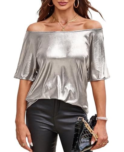 Image of VIDUSSA Women's Shiny Off Shoulder Shirt Metallic Loose Short Sleeve Round Neck Club Blouse Tops Silver XXL