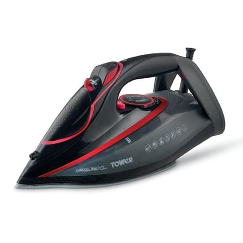 Image of Tower Steam Iron 3100W, XL Soleplate 20% Larger for Faster Coverage, 200g Steam Boost for Fast Crease Removal, Ceramic Soleplate for Smooth Glide, 360ml Tank, Anti-Drip System, Red & Black (T22032RED)