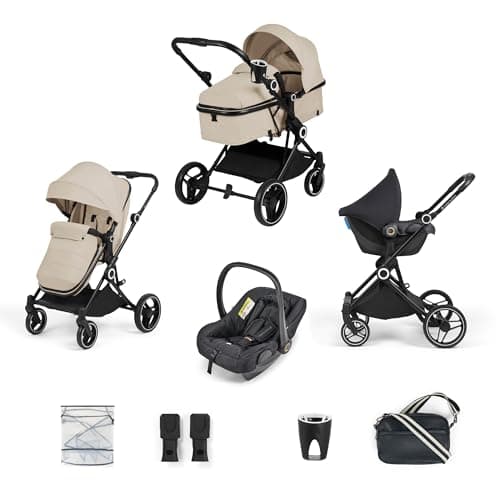 Image of Ickle Bubba Atom 3 in 1 Travel System with Astral Car Seat, Compact Lightweight Pram & Pushchair with Lie-Flat Seat, Newborn Travel System from Birth to 22kg, Stone