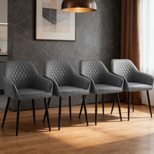Image of ZOONFA Upholstered Dining Chair Set of 4 Faux Leather Kitchen Chairs with Black Metal Legs Curved Backrest and Armrest Accent Chair for Dining Room Living Room (PU Dark Grey)