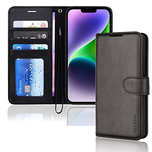 Image of TECHGEAR iPhone 14 Leather Wallet Case, Flip Protective Case Cover with Wallet Card Holder, Stand and Wrist Strap - Black PU Leather with Magnetic Closure for iPhone 14 6.1"