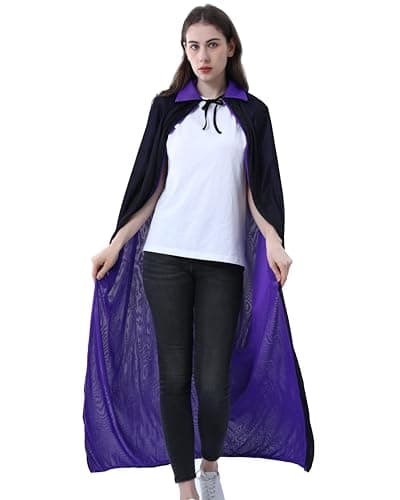 Image of LIKPOJA Halloween Reversible Red & Black Vampire Cloak with Hood Magic Robe Costume Stand Collar Cape Purple With Cloak Wizard Cloak for Adult Kids Devil Cosplay(Bl&P S,150cm)