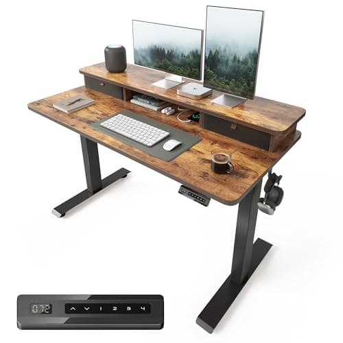 Image of FEZIBO Height Adjustable Electric Standing Desk with Double Drawer, 120 * 60cm Stand Up Table with Storage Shelf, Sit Stand Desk with Splice Board, Black Frame/Rustic Brown Top