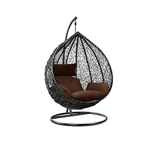 Image of Rattan Swing Egg Chair Hanging Garden Hammock with Cushions & Stand Outdoor Indoor Furniture (Black Egg Chair & Brown Cushion)
