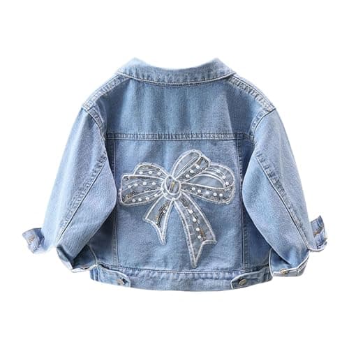 Image of Girls Jeans Jacket Graphic Long Sleeve Cute Button Down Denim Outwear Kids Y2K Lapel Collar Fall Motorcycle Jean Coat (Blue, 11-12 Years)