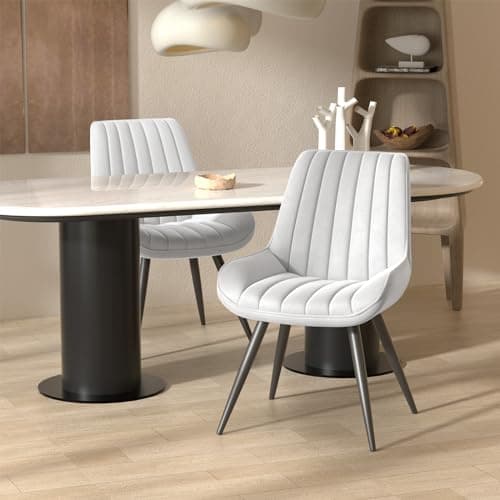 Image of Hawthyhome Dining Chairs Set of 2 |Upholstered Chairs with 10cm Thick Seat Cushion •Upholstered Fabric Dining Chair •Kitchen Chair with Backrest •Modern Armchairs with Metal Legs •White