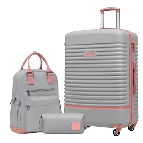 Image of COOLIFE Suitcase Set, 3 Piece Luggage Sets with Travel Backpack and Toiletry Bag for Long Travel, TSA Lock 360° Spinner Wheels (Pink/Grey, 28 Inch Luggage Set)