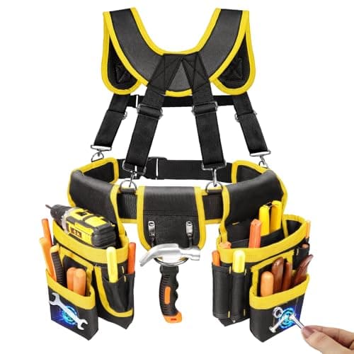 Image of Tool Belt, Professional Tool Belts for Men, Magnetic Tool Pouch with Suspenders, Heavy Duty Detachable Adjustable Utility Belt Belt Pouch for Electrician, Carpenter (32''-66'' Black and Yellow)