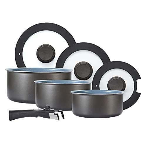 Image of Tower Freedom T800201 7 Piece Cookware Set with Ceramic Coating, Stackable Design and Detachable Handle, Graphite, Aluminium, Black