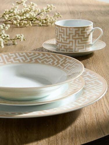 Image of Waterside 20pc Mosaic Cream & Gold Porcelain Dinnerware Set; 4 Dinner Plates, Side Plates, Soup Bowls and Cup & Saucers