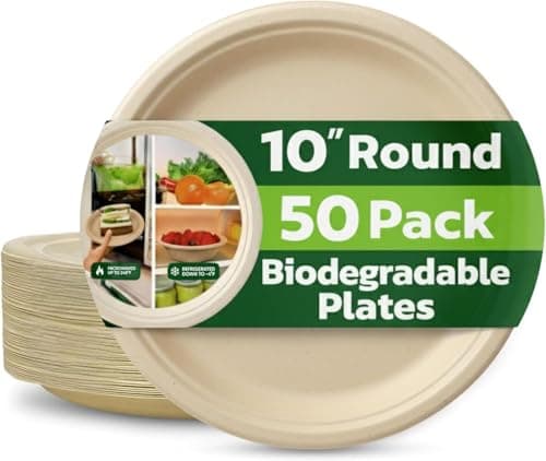 Image of Strong Paper Plates (10inch - 50 Pack) – 100% Compostable Disposable Plates – Heavy Duty Natural Sugarcane Eco-Friendly Biodegradable Plastic Free Bagasse Party Plate – Microwave & Freezer Safe