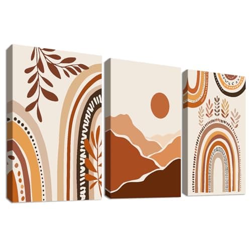 Image of 3 Pcs Wooden Framed Canvas Wall Art Set Bohemian Brown Beige Painting on Canvas Prints Abstract Geometric Sun Mountains Pictures for Living Room Bedroom Hallway Stairs Wall Decor 30x40 cm x3pcs