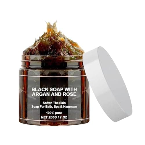 Image of Moroccan Black Soap, 200g African Black Soap Bar With Argan And Rose, Deep Cleaning Morocco Body Moisturising Scrub For Whole Body, Exfoliating Moisturising Soap For Shower (1)