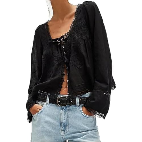 Image of RUIWANBBY Women's Lace Tie Front Top Y2k Coquette Long Sleeve Ruffle Button Down Cardigan Shirt Going Out Flowy Peplum Tops (Black, M)