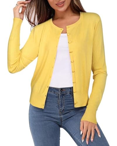 Image of Newshows Women's Solid Button Down Long Sleeve Classic Crew Neck Knit Cardigan Sweater(Yellow,Small)