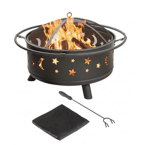 Image of Pure Garden 50-106 30" Round Star and Moon Firepit with Cover, Black