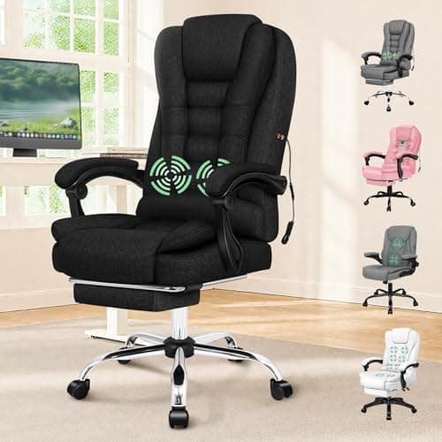 Image of ELFORDSON 2-Point Massage Office Chair for Home, PC Gaming Chair with Footrest and Lumbar Support, High Back 150° Reclining Executive Desk Chair with Padded Armrest, Linen Black
