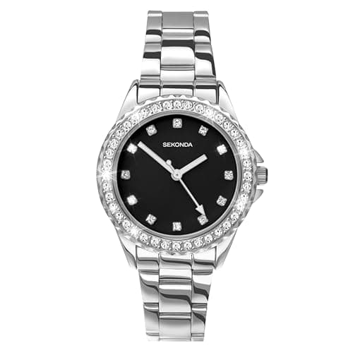 Image of Sekonda Elizabeth Silver Bracelet Black Dial Women's Quartz Watch 33mm with Stone Set Case, Analogue Display and Stainless Steel Bracelet