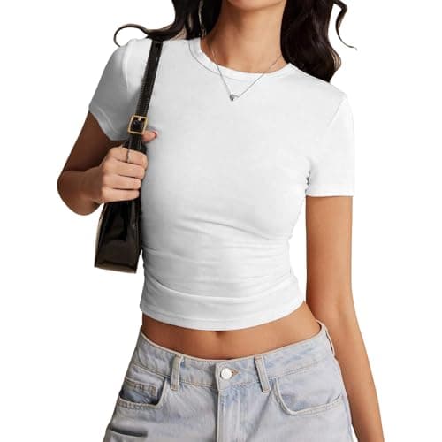 Image of Risipu Women's Short Sleeve T-Shirts Crew Neck Slim Fit Tops Sexy Basic Tee Y2k Clothes 2026 (UK, Alpha, XS, Regular, Regular, White)