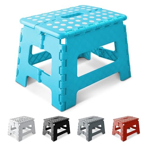 Image of KEPLIN 9 Inch Heavy Duty Folding Step Stool | Non-Slip Foldable Footstool for Toddlers, Children & Adults | Portable, Lightweight Plastic Footstep w/Carrying Handle for Indoor or Outdoor (Blue)