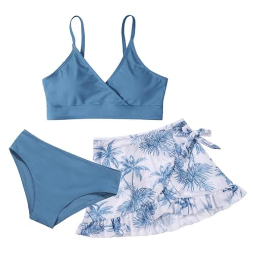 Image of Girls Swimsuit 3 Piece Bathing Suit Floral Printed Bikini Set with Skirts Cover Up 2 Piece Girls Surfing Beach Swimwear