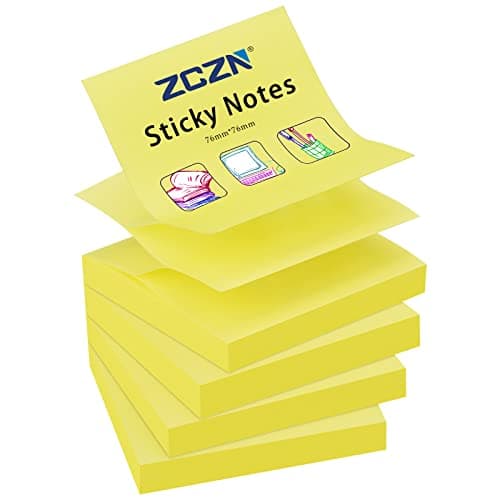 Image of ZCZN Pop-up Sticky Notes 76 x 76 mm, 4 Pads Bright Colour Self-Stick Notes, 100 Sheets/Pad, Yellow