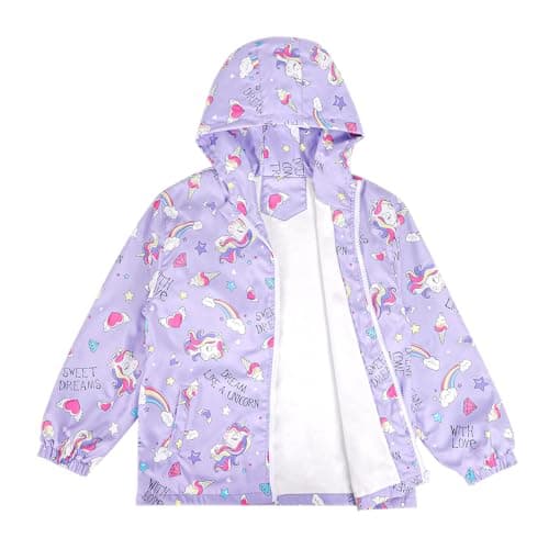 Image of LACOFIA Girl's Waterproof Jacket with Fleece Lined Kid's Windbreaker School Hooded Coat Children Outdoor Raincoat for Autumn/Early Winter Purple 7-8 Years