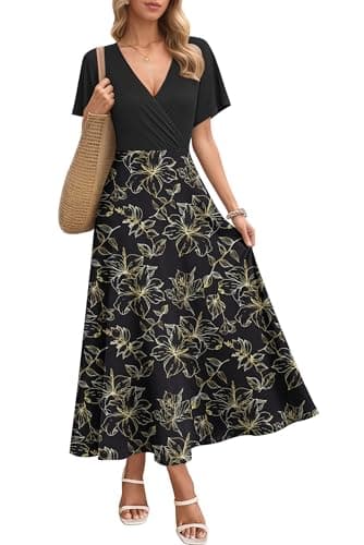 Image of AUSELILY Summer Dresses for Women - Maxi Dress V Neck Short Sleeve with Pockets Gold Leaf Black L