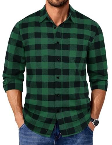 Image of COOFANDY Mens Flannel Shirts Long Sleeve Checked Flannel Shirts Cotton Casual Lumber Jack Shirt for Men UK Black Green S