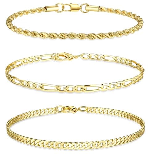 Image of JeweBella 3 Pcs Silver Bracelet for Men Stainless Steel Figaro Rope Chain Bracelet Set Sturdy Curb Mens Bracelets Gold/Silver Mens Jewellery Gifts 19/21/23CM