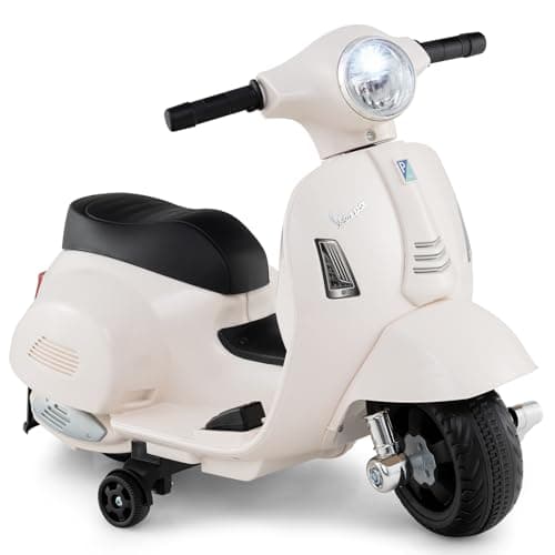 Image of GYMAX Kids Electric Motorbike, 6V Battery Powered Licensed Vespa Motorcycle with Training Wheels, Headlight and Horn Sound, Children Ride on Motor Bike for 18-36 Months Old Boys Girls (White)